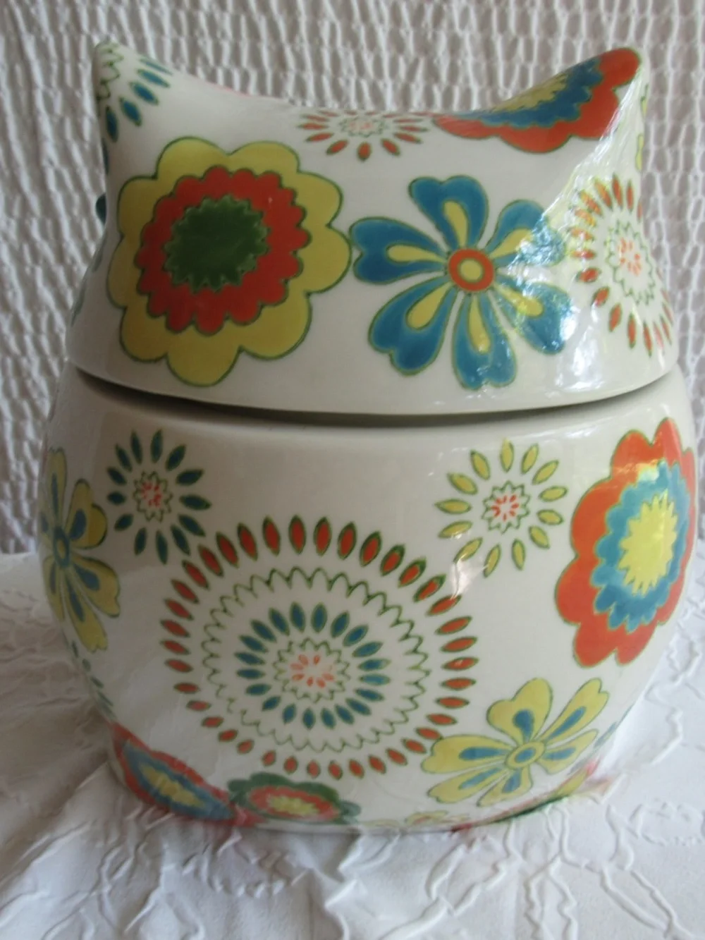 Pier One Owl Cookie Jar Storage Container Hand Painted Stoneware